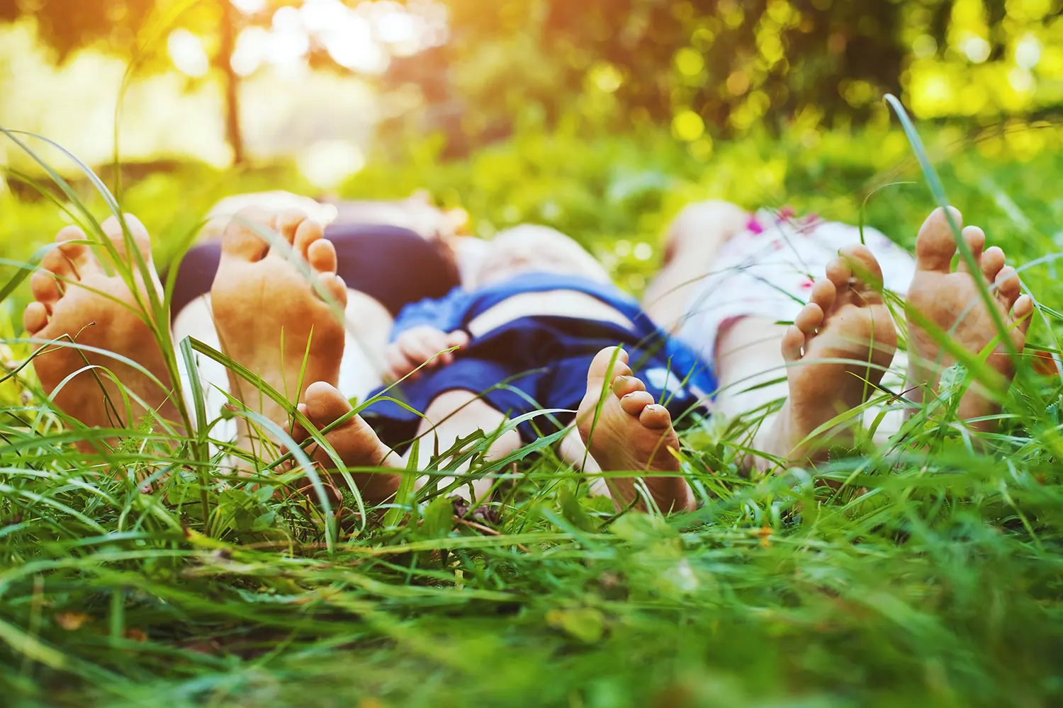 family lying in grass field